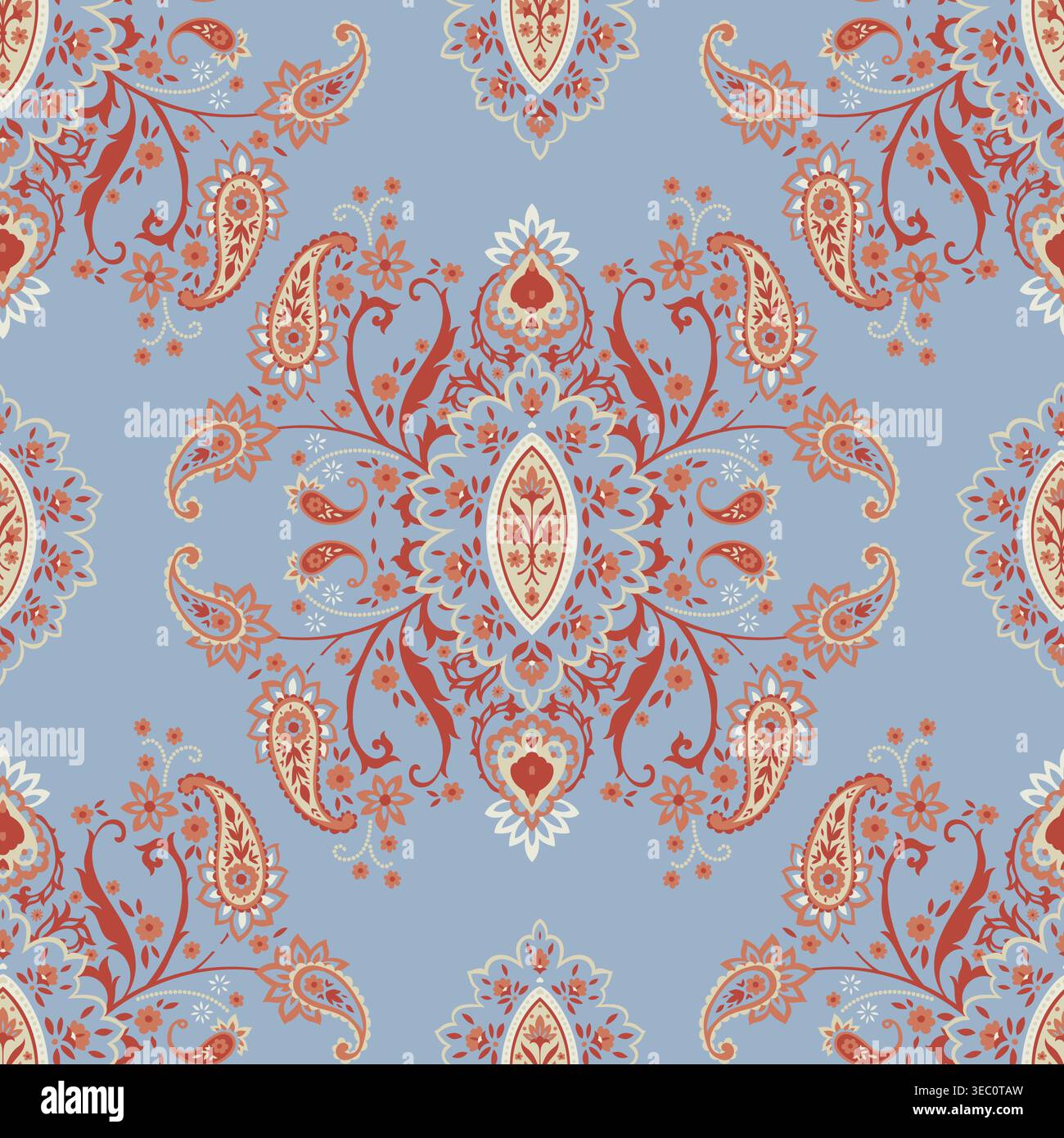 Light Blue Red Ornamental Paisley Damask Stock Vector