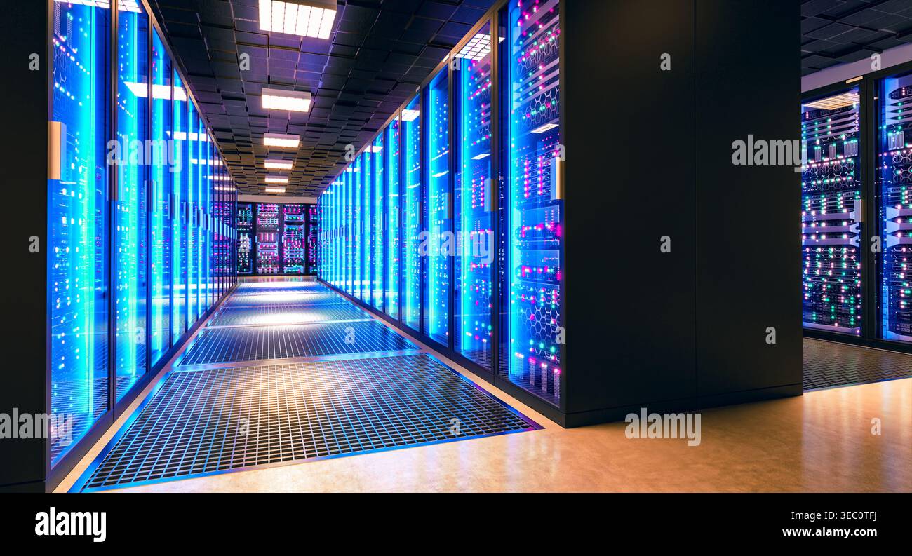 3d Server room interior network hardware Stock Photo