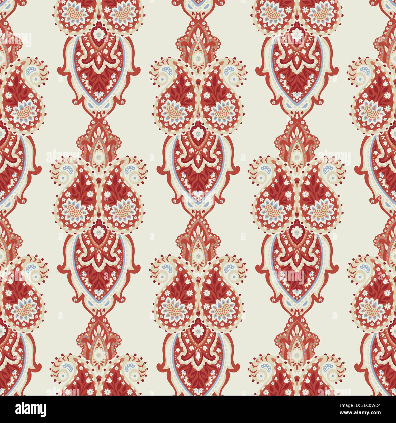 Vertical Red Cream Paisley Stripe Pattern Stock Vector