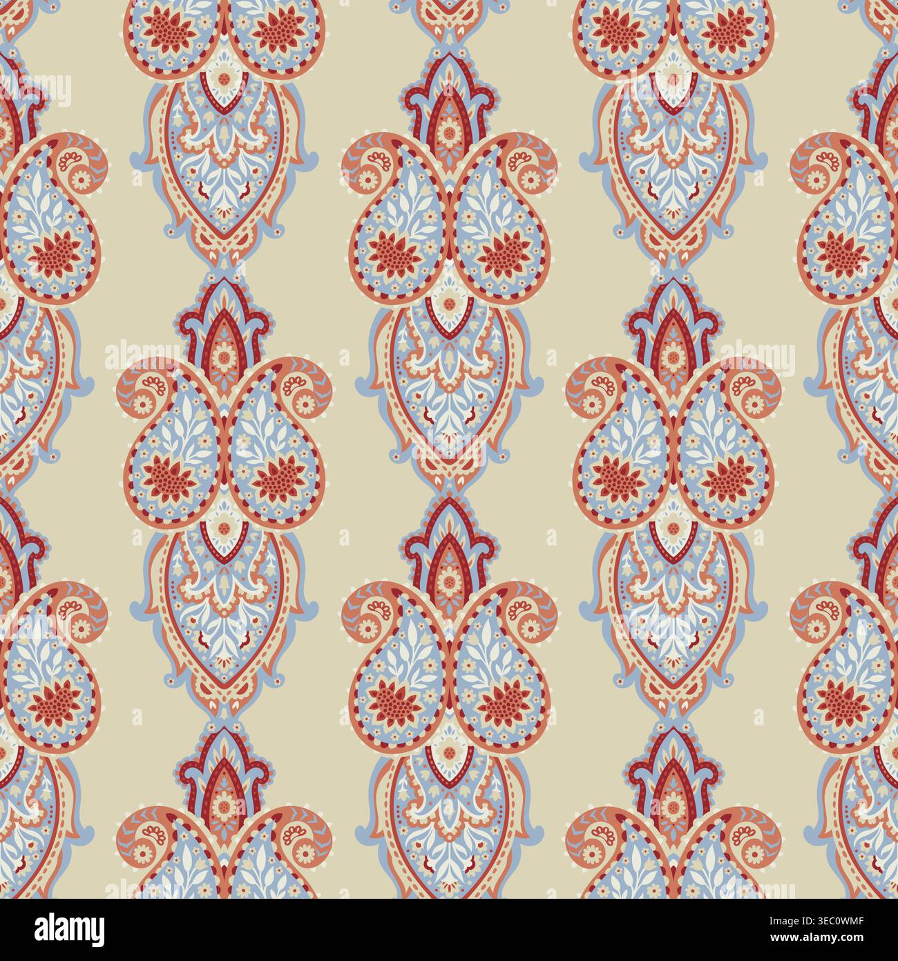 Ivory Red Blue Striped Paisley Textile Stock Vector