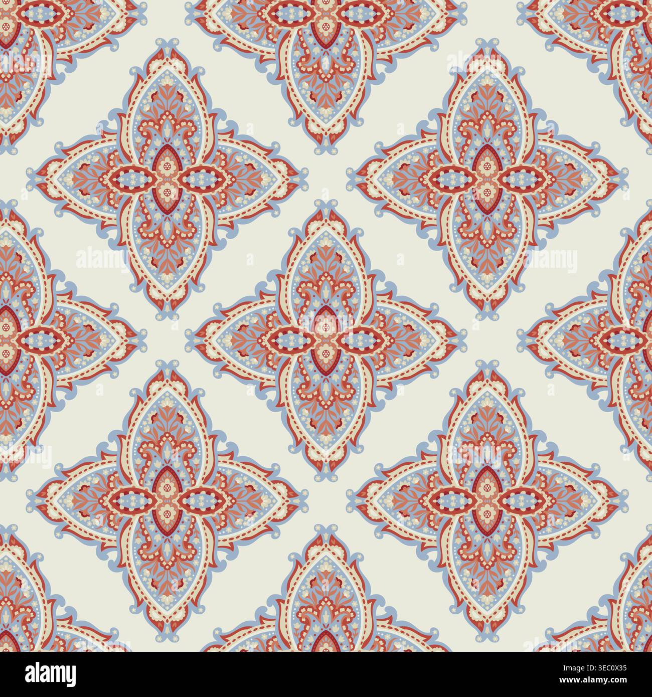 Light Cream Blue Paisley Diamond Print Stock Vector