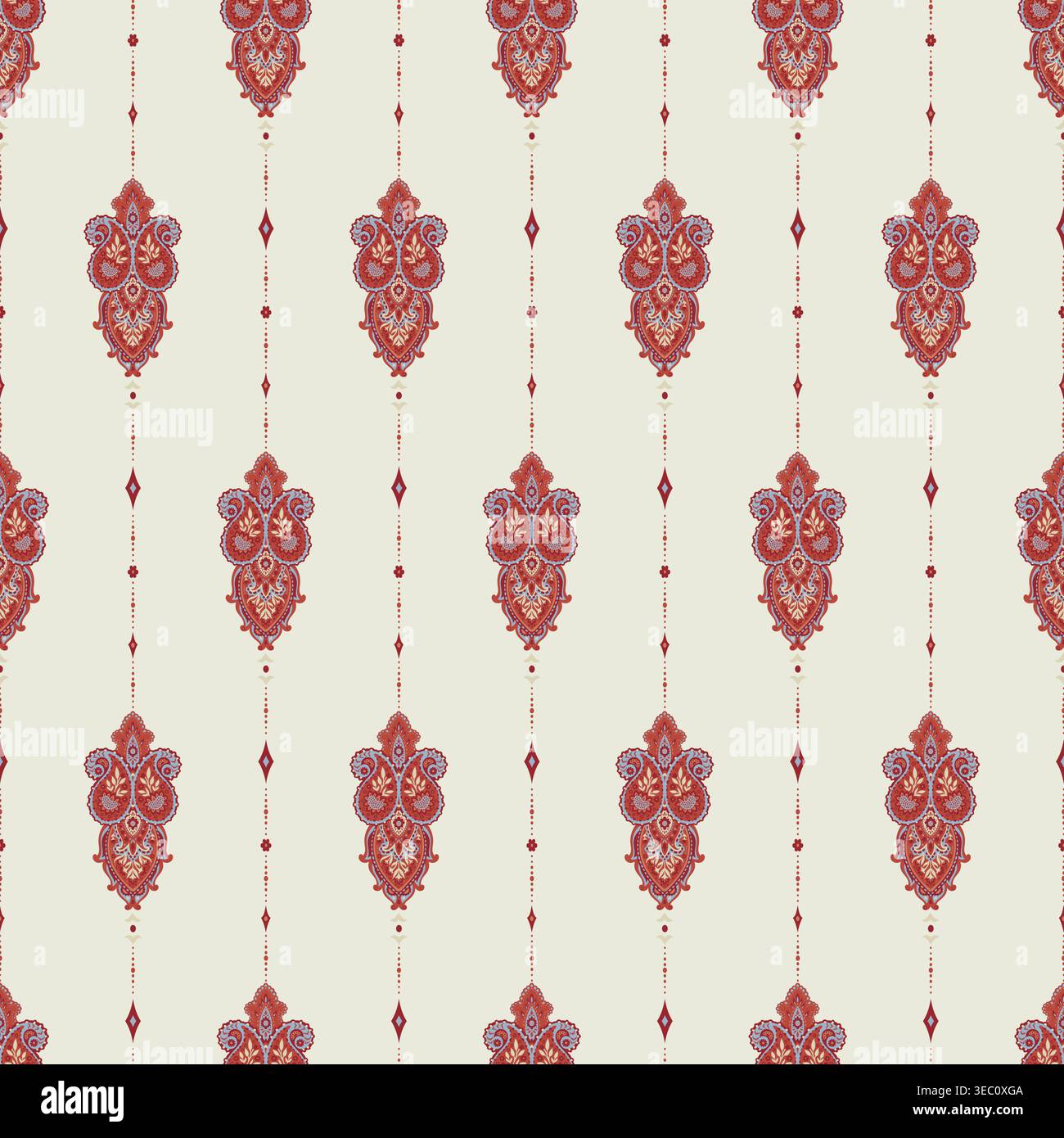 Ivory Vertical Red Paisley Border Print Stock Vector