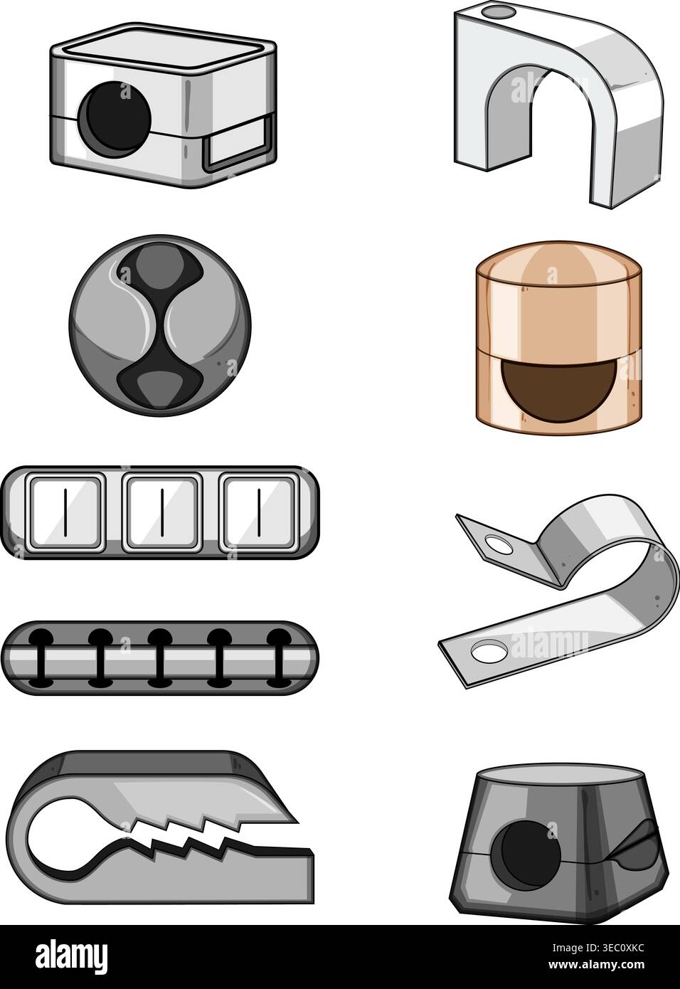 Electrical cable clips and fasteners accessories set Stock Vector