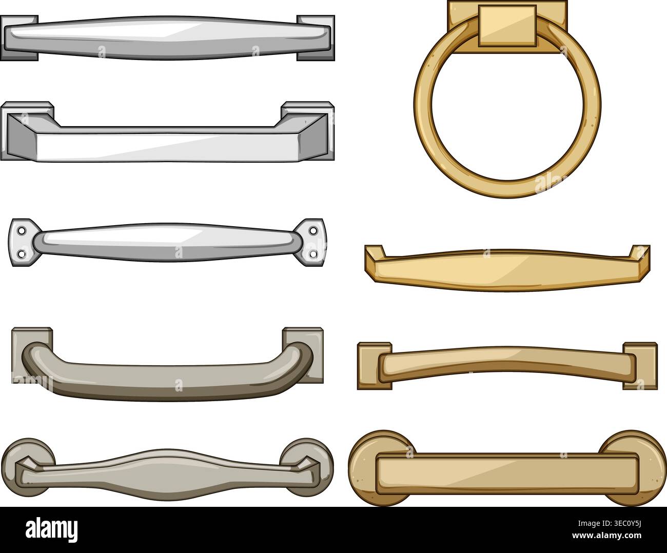 Cabinet and drawer handles showcasing different design styles Stock Vector