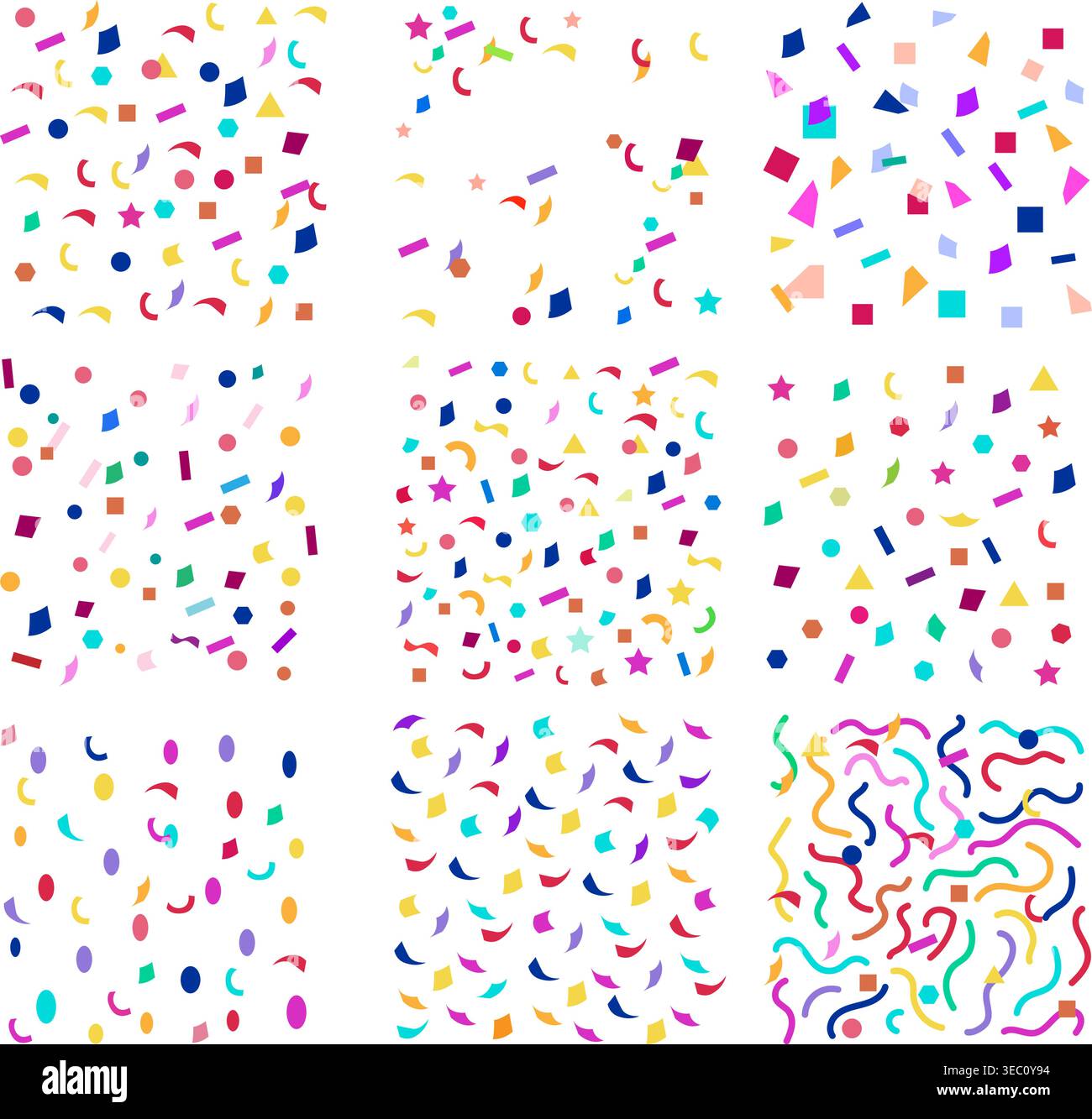 Colorful geometric confetti patterns decorating white background Stock Vector