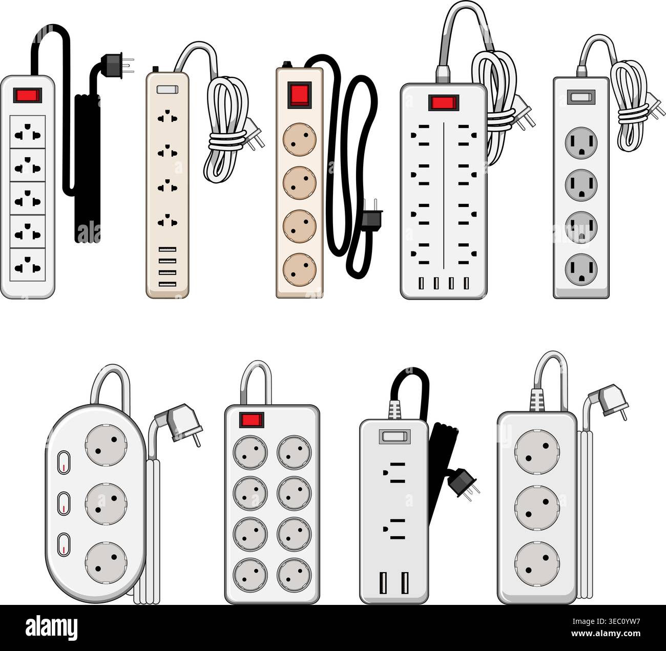 Different types of power strips with multiple outlets Stock Vector