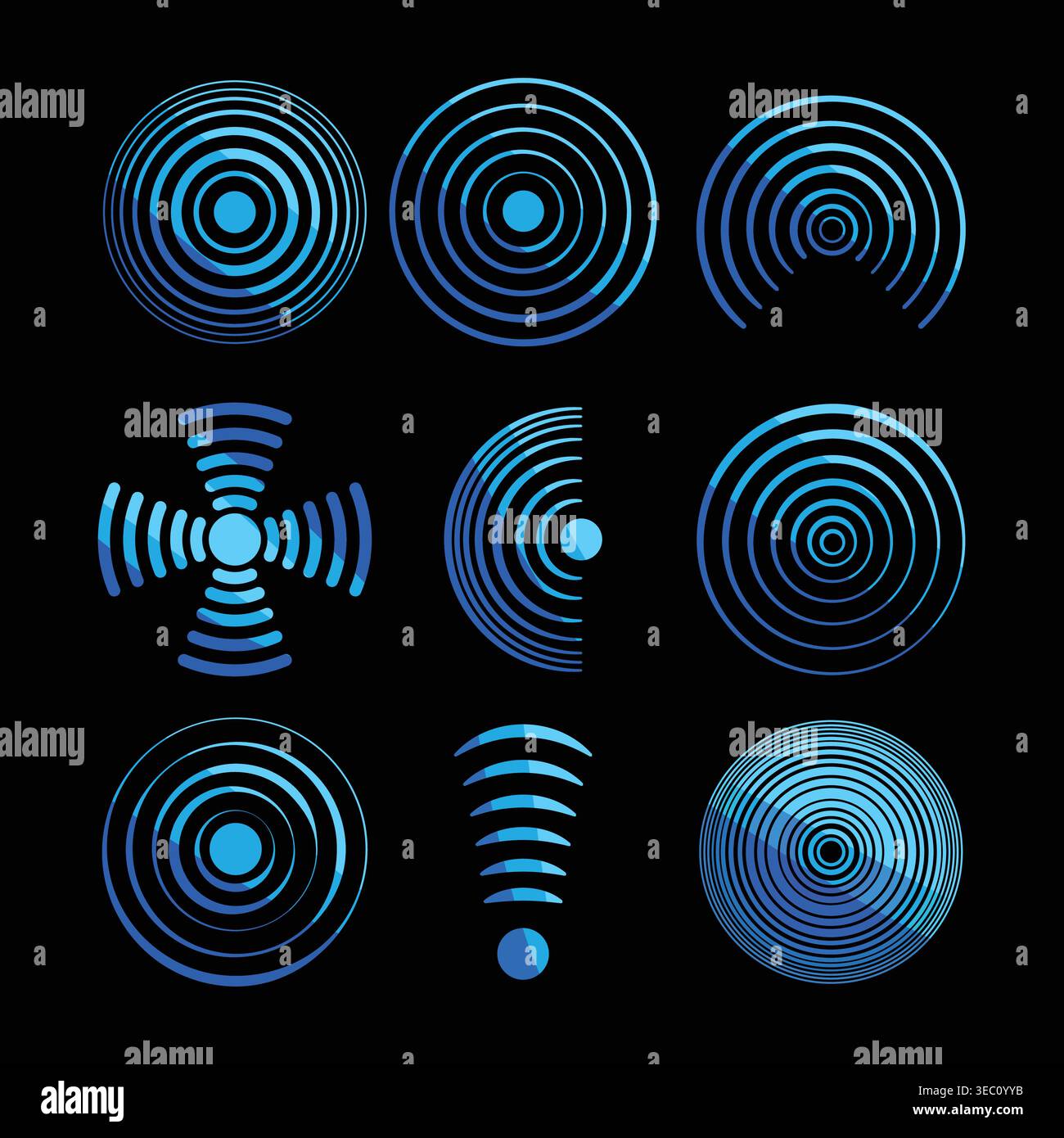 Blue radial signal waves pattern icons set Stock Vector