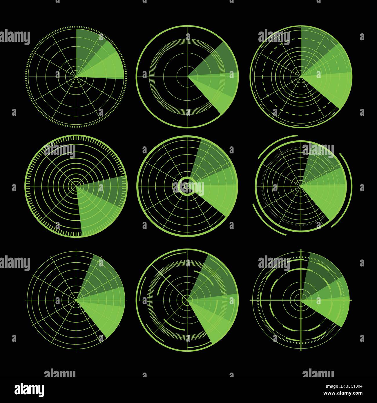 Radar display array showing digital scanning interface Stock Vector