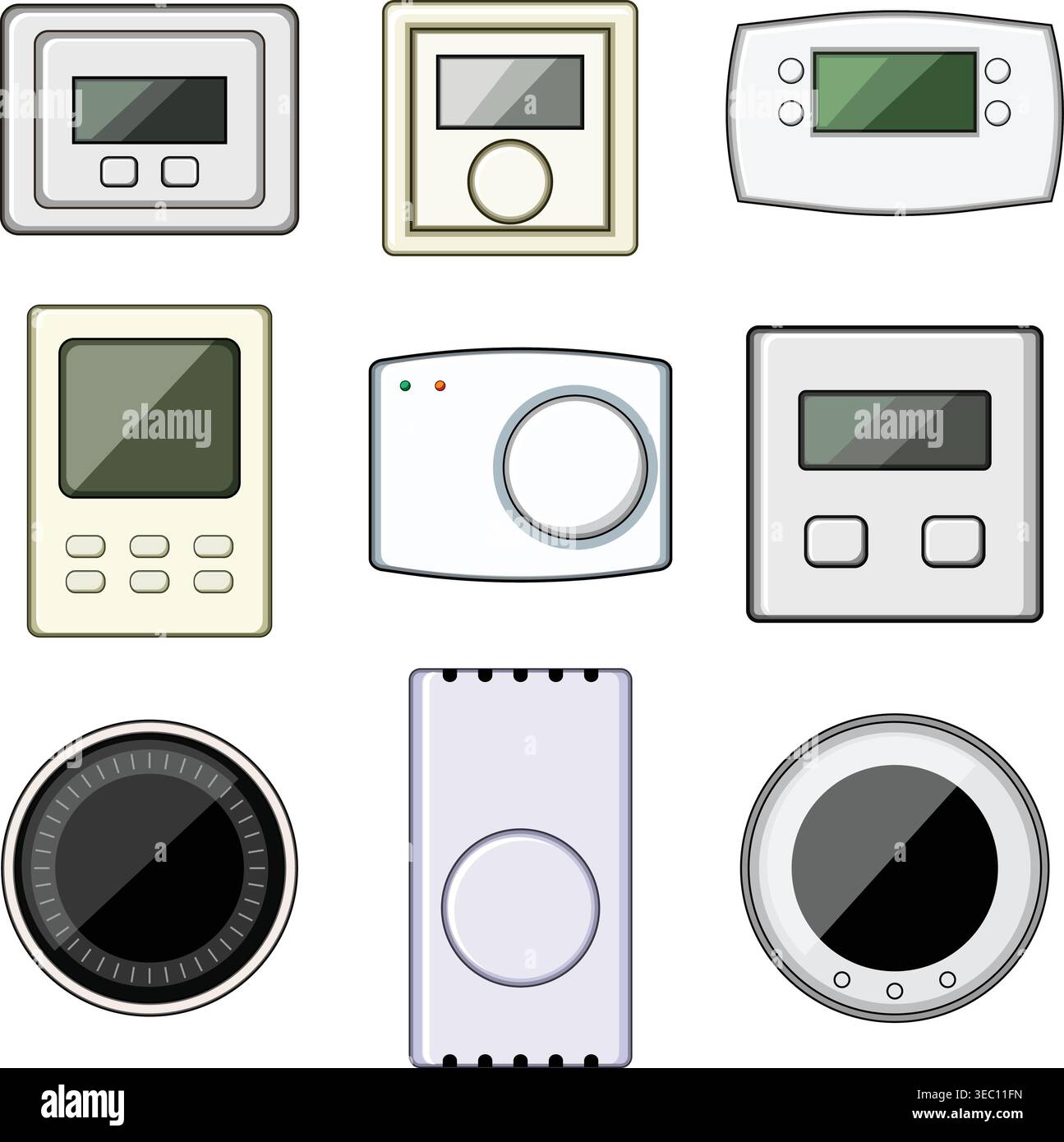 Wall thermostats collection regulating climate control systems Stock Vector