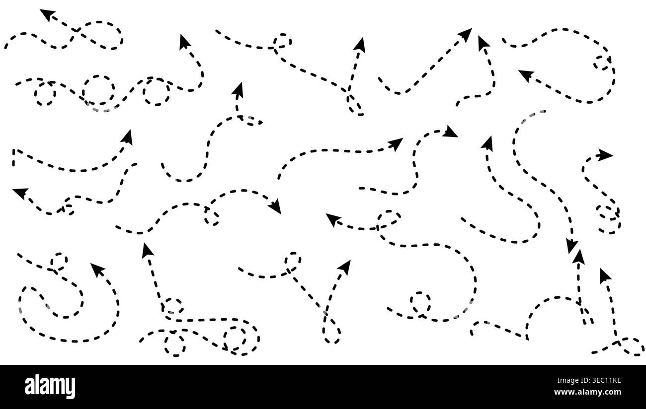 Set of Black Dashed Hand Drawn Curved Arrows and Dotted Pointer Elements for Annotation Stock Vector