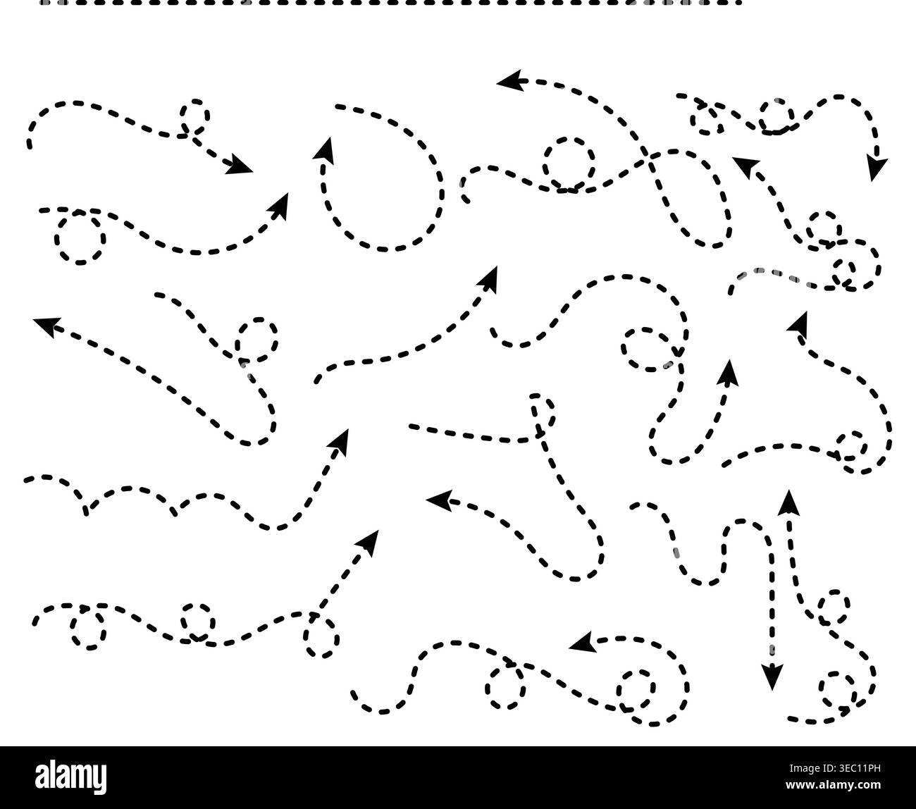 Set of Black Dashed Hand Drawn Curved Arrows and Dotted Pointer Elements for Annotation Stock Vector