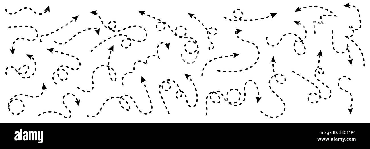 Set of Black Dashed Hand Drawn Curved Arrows and Dotted Pointer Elements for Annotation Stock Vector