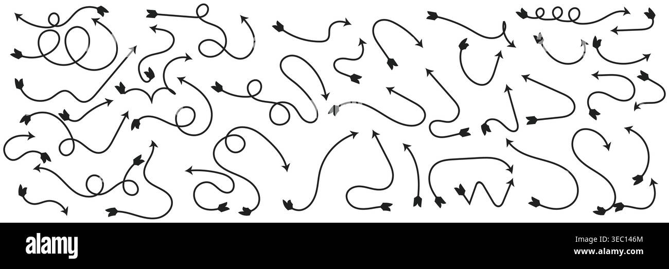 Set of Black Hand Drawn Curved Arrows and Swirled Pointer Elements for ...