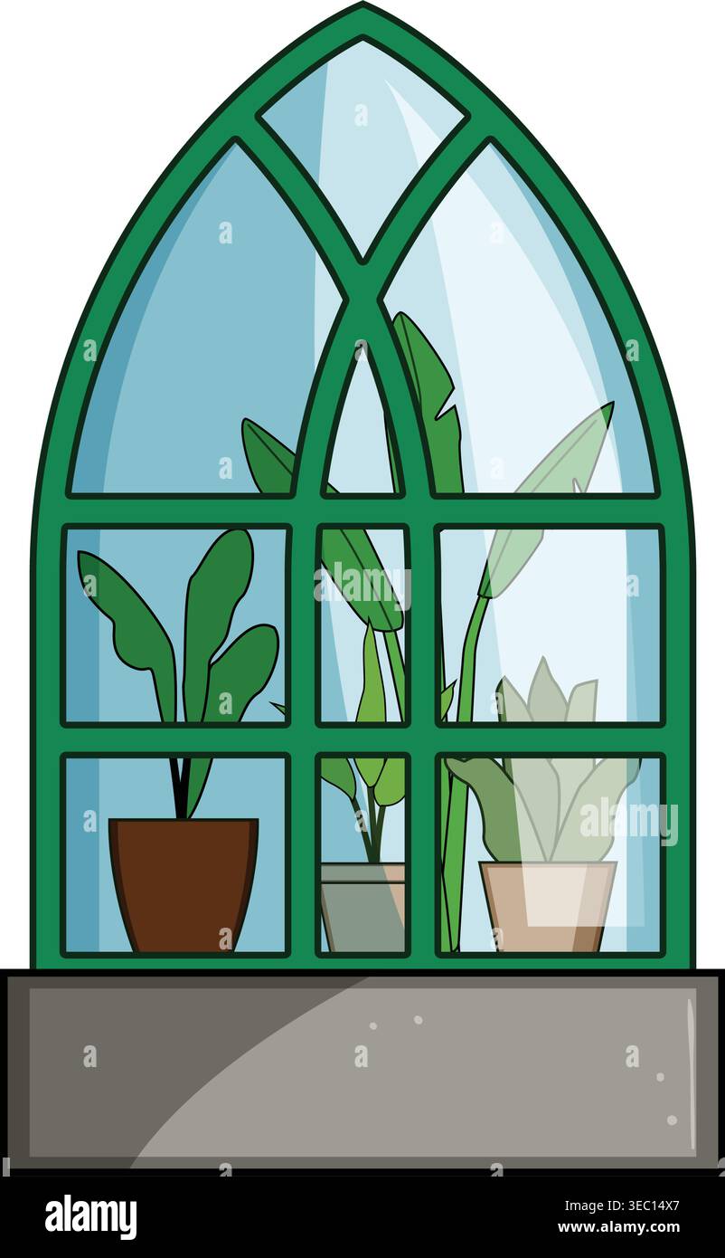 Arched window with potted plants growing inside Stock Vector