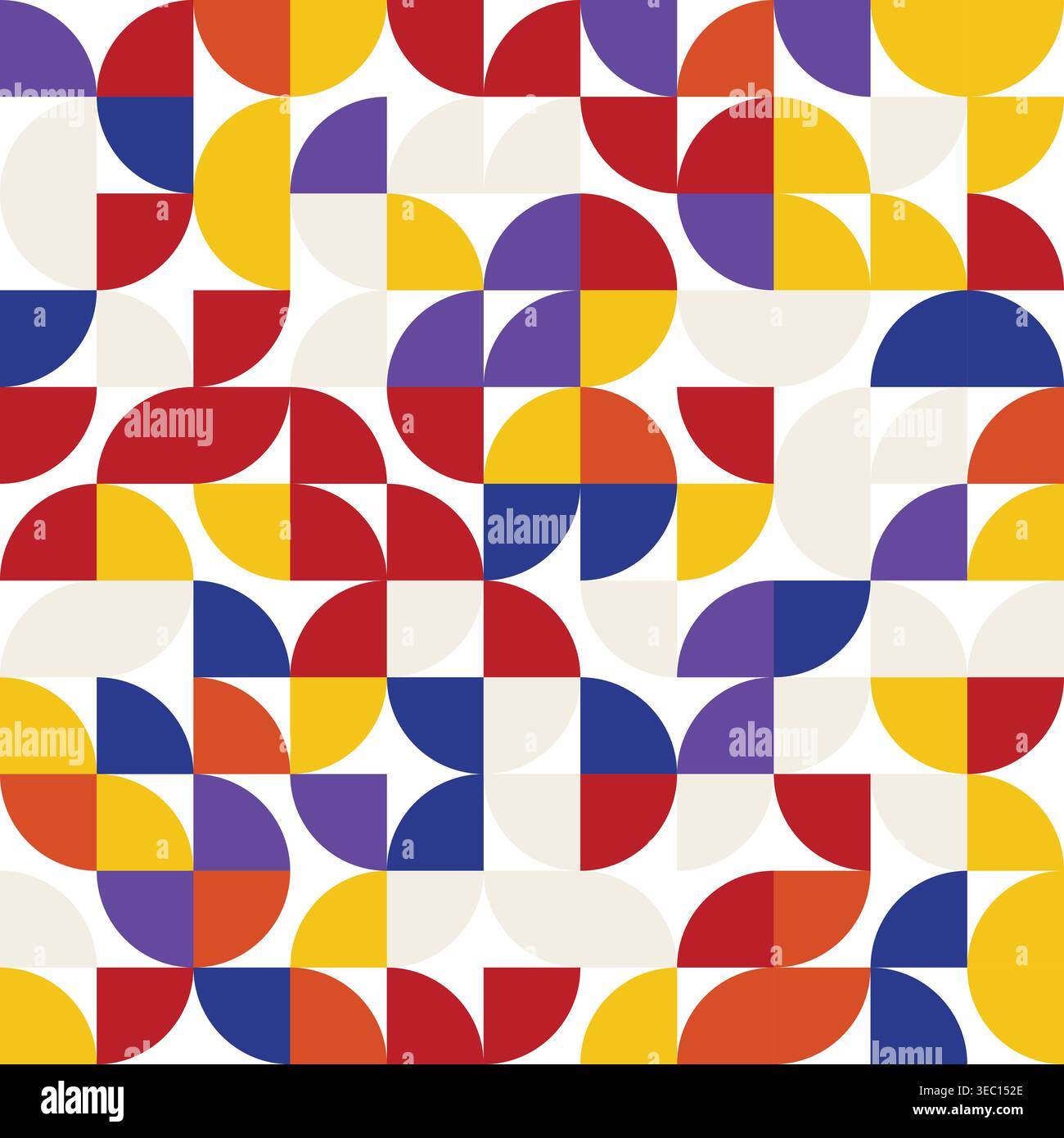 Abstract Geometric Seamless Pattern with Primary Color Semicircles and Quadrant Shapes in Bauhaus Style Stock Vector