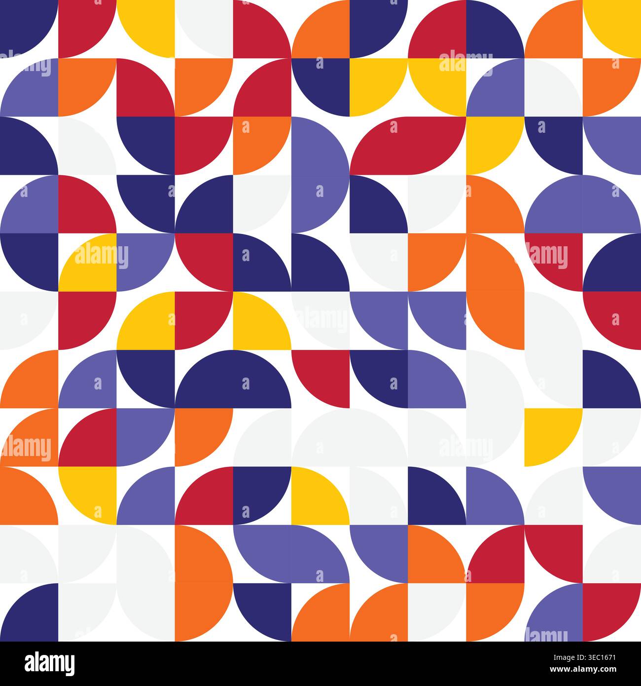 Seamless geometric pattern of colorful quarter circles and squares, abstract mid-century modern mosaic background in red yellow purple and orange Stock Vector