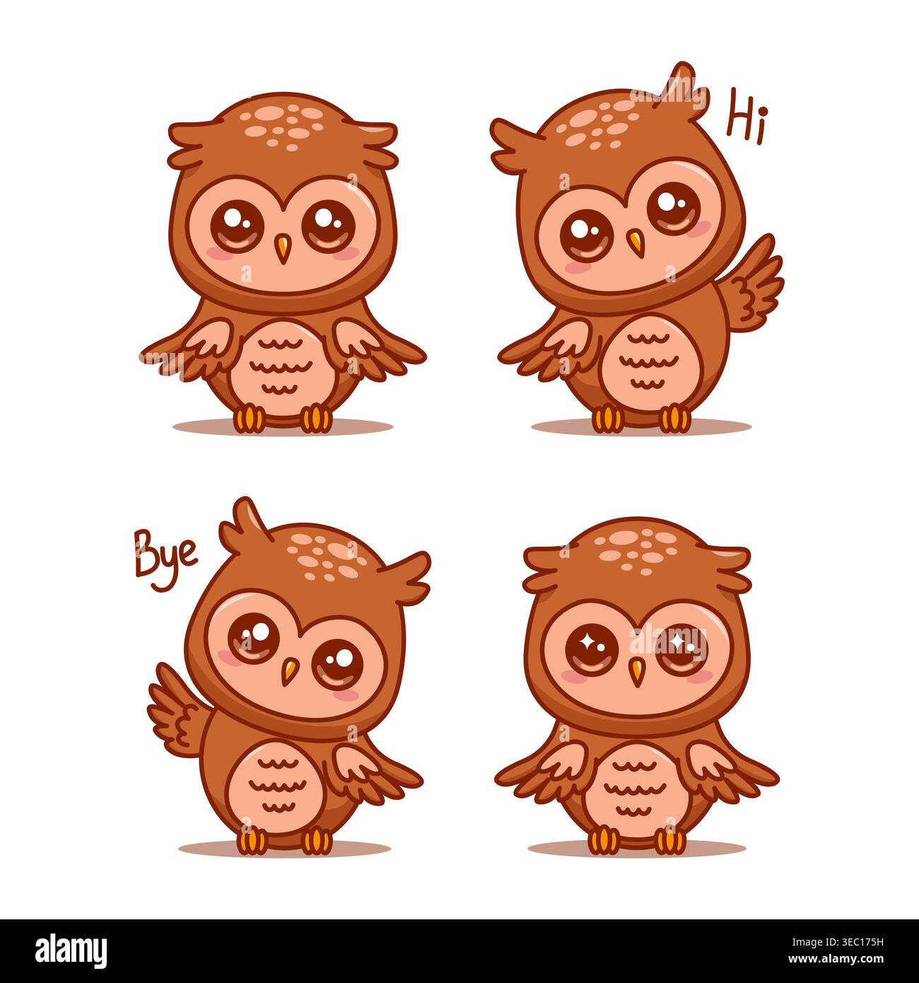Cute owl character set with hello, goodbye, basic owl, isolated on white. Stock Vector