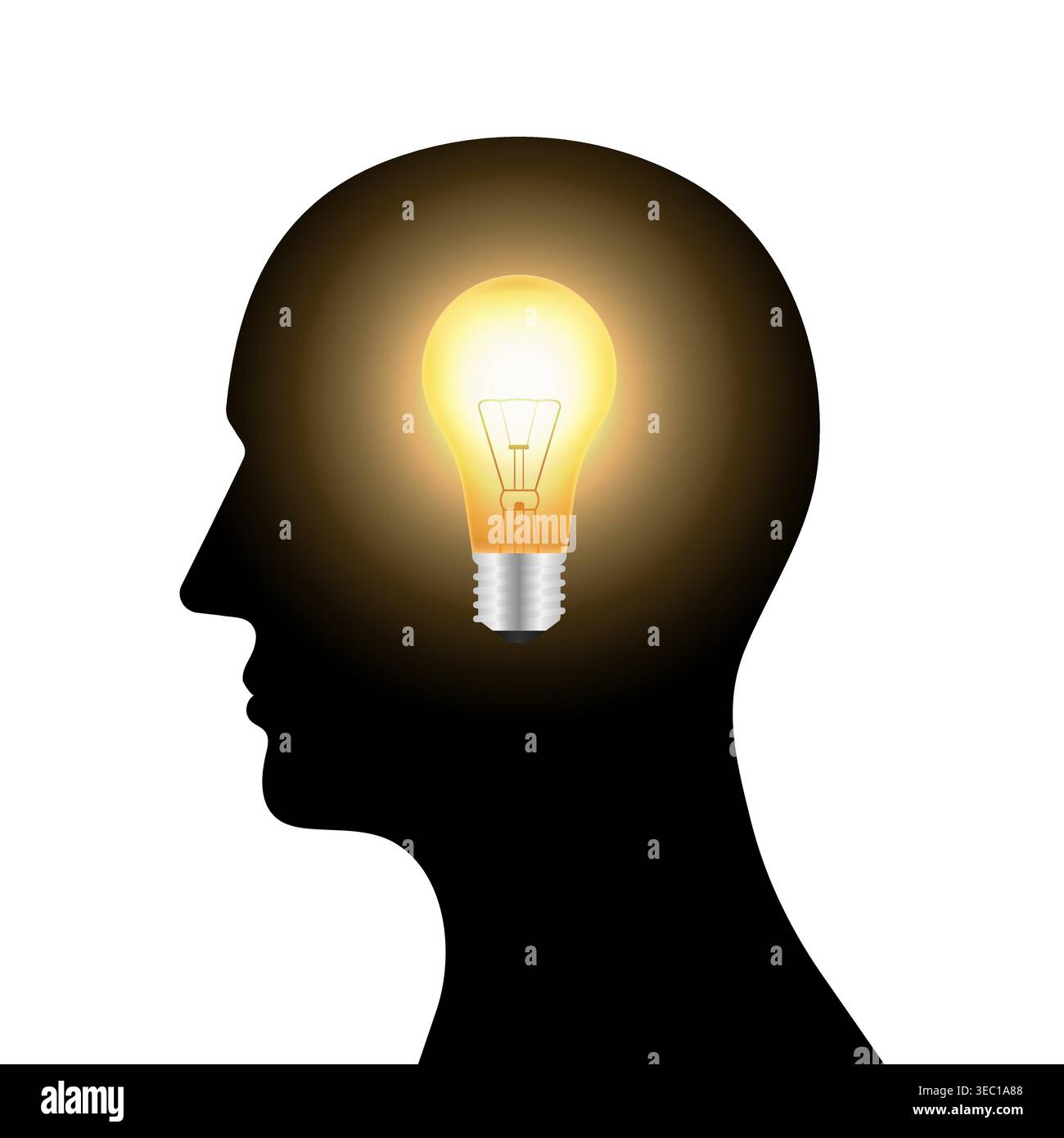 Human Head with Lightbulb. Brainstorm, Creativity and Thinking Idea Concept. Vector Illustration. Stock Vector
