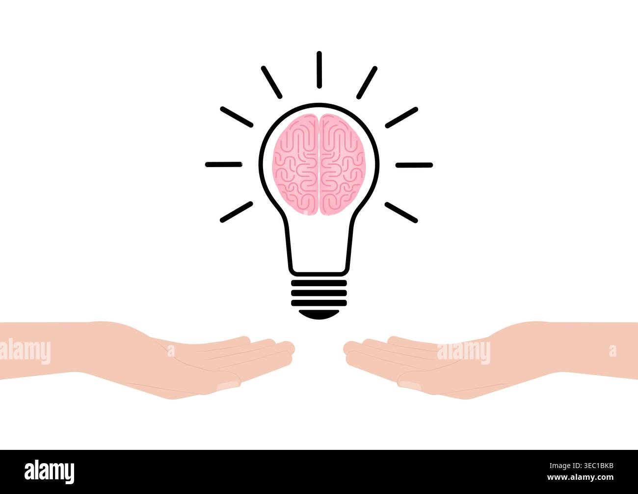Hand Holding Lightbulb with Brain. Brainstorm, Creativity and Thinking Idea Concept. Vector Illustration. Stock Vector