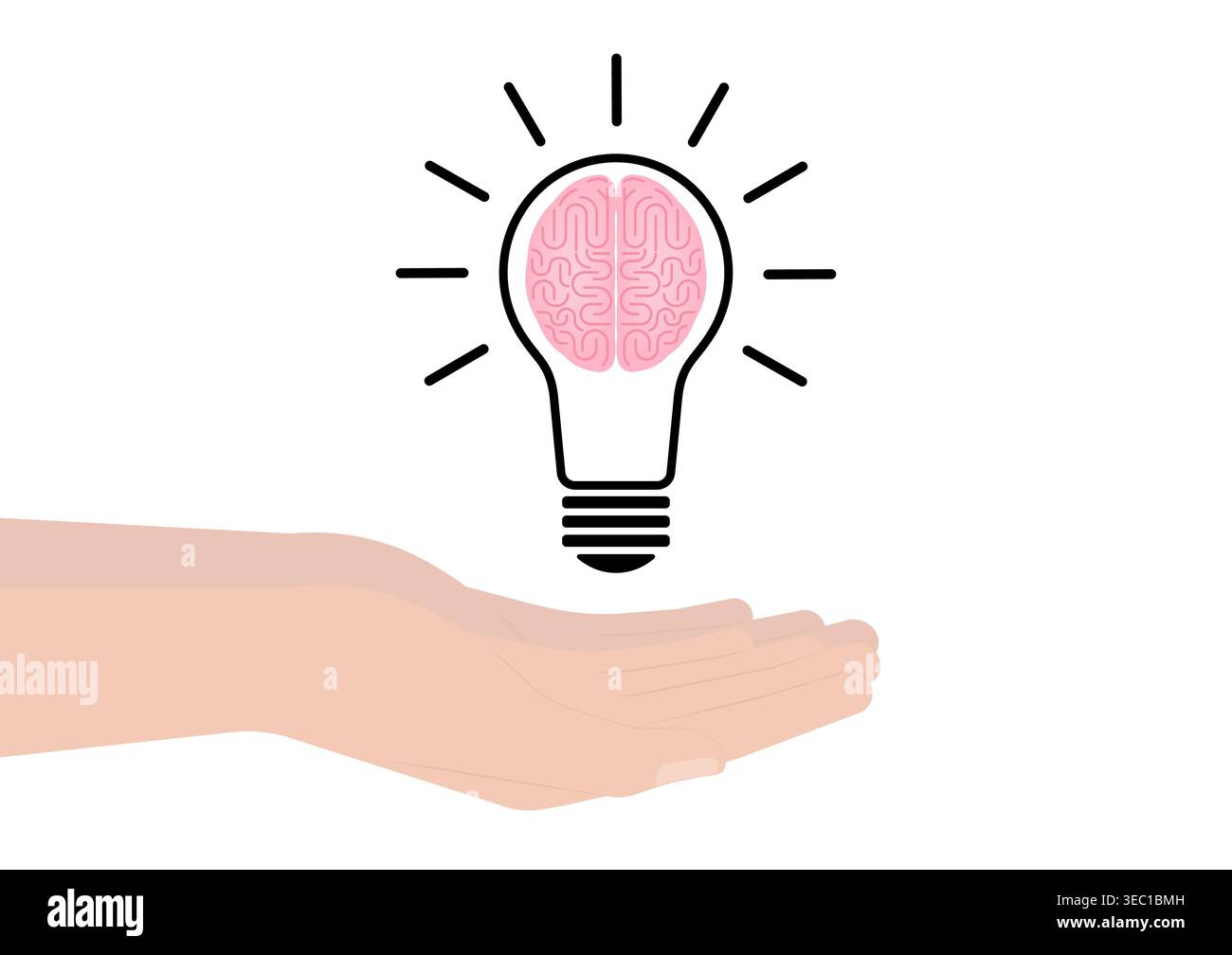Hand Holding Lightbulb with Brain. Brainstorm, Creativity and Thinking Idea Concept. Vector Illustration. Stock Vector