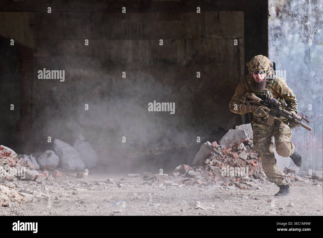 Running Soldier Loading Soldier Running Through Urban Ruins With Tactical Rifle During Military ...
