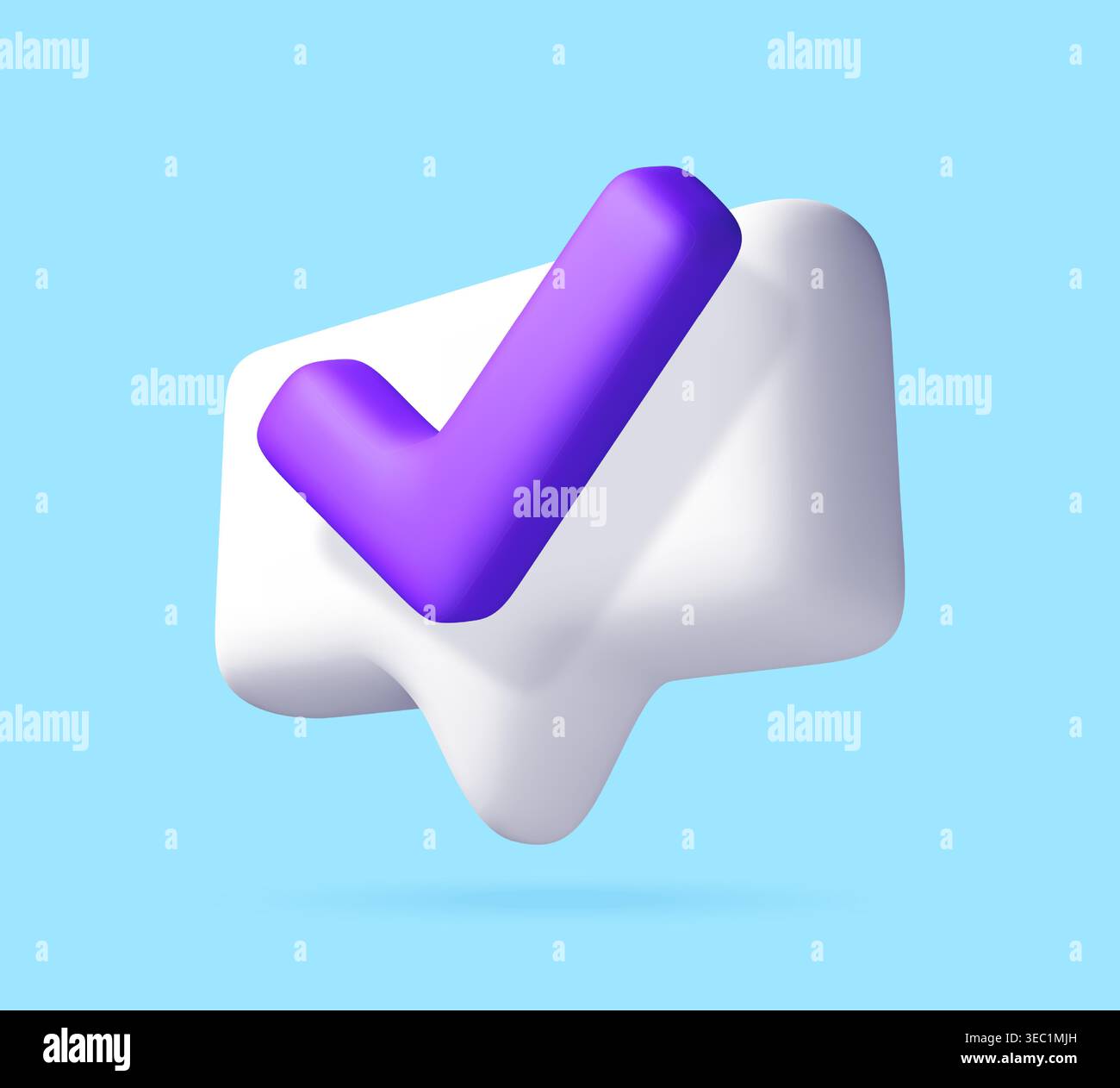 3D purple check mark inside white speech bubble Stock Vector