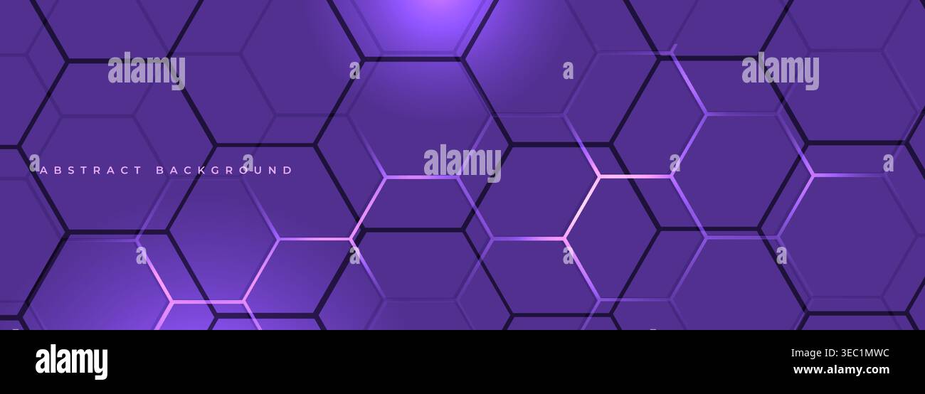 Purple wide hexagonal vector abstract background. Violet tech banner with honeycomb grid. Hexagon technology backdrop. Stock Vector