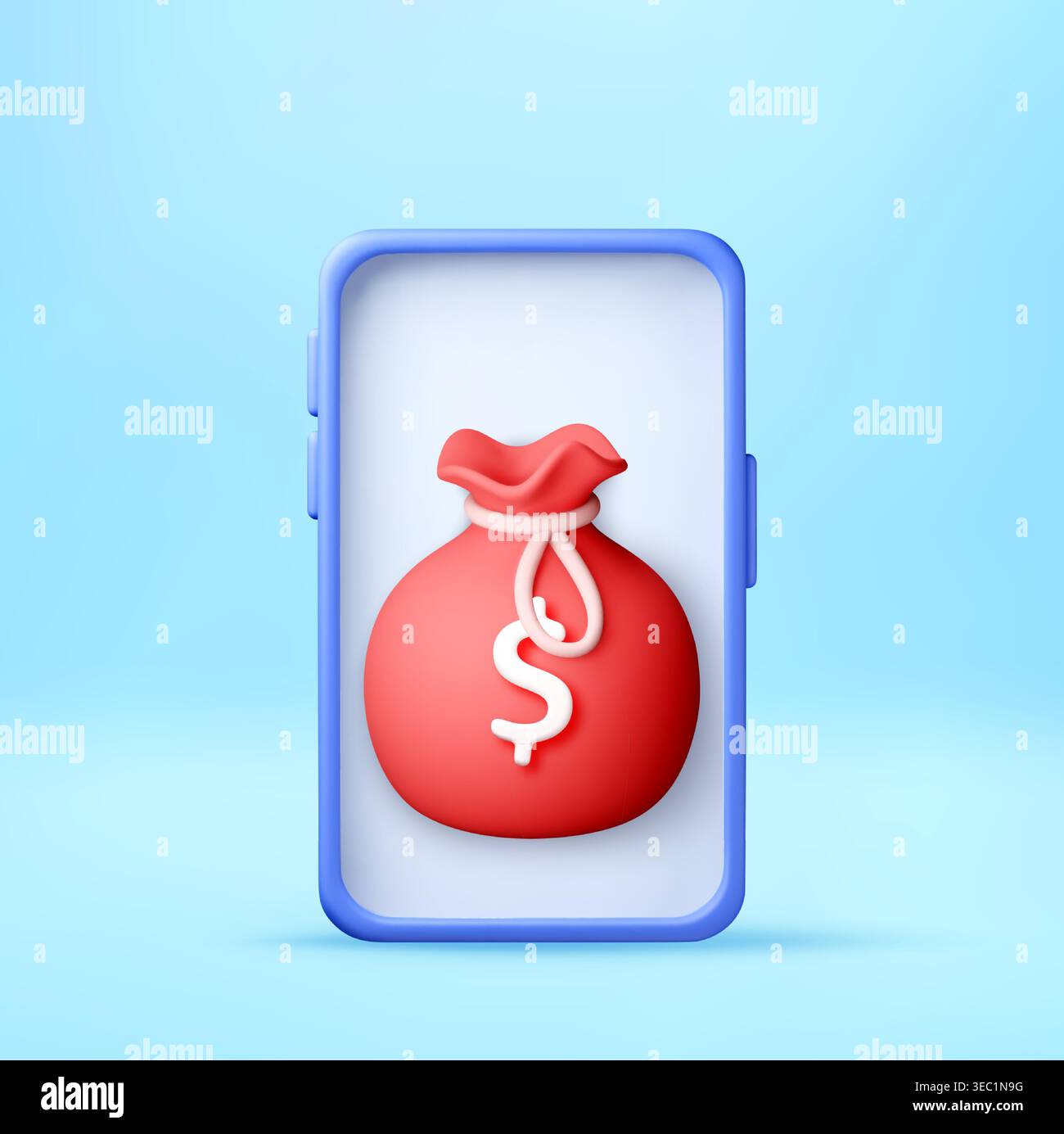 3D money bag with dollar on smartphone screen Stock Vector