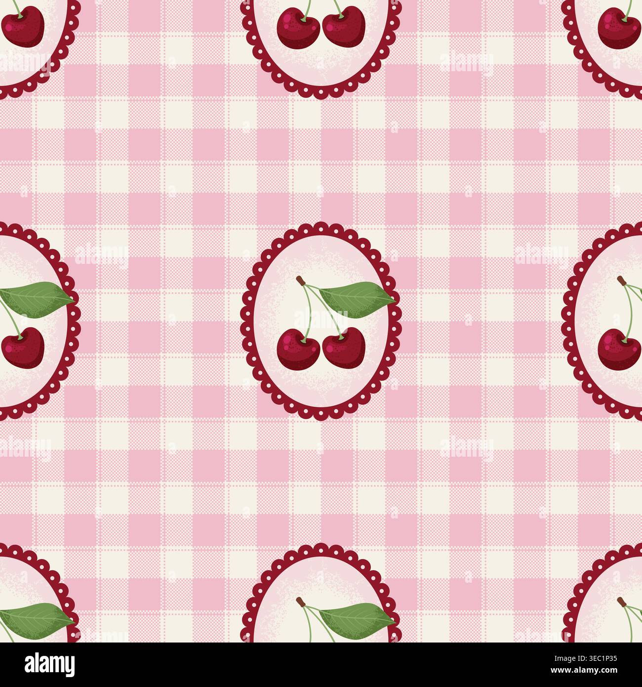 Romantic Coquette Seamless Pattern with Cherry on a checkered background. Cute Vector illustration. Stock Vector