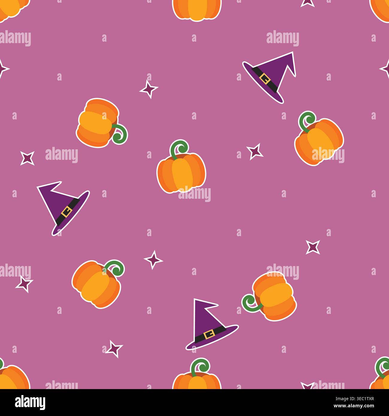 Seamless Halloween pattern featuring cute pumpkins and witch hats on purple background, flat vector illustration perfect for textile, wrapping paper, Stock Vector