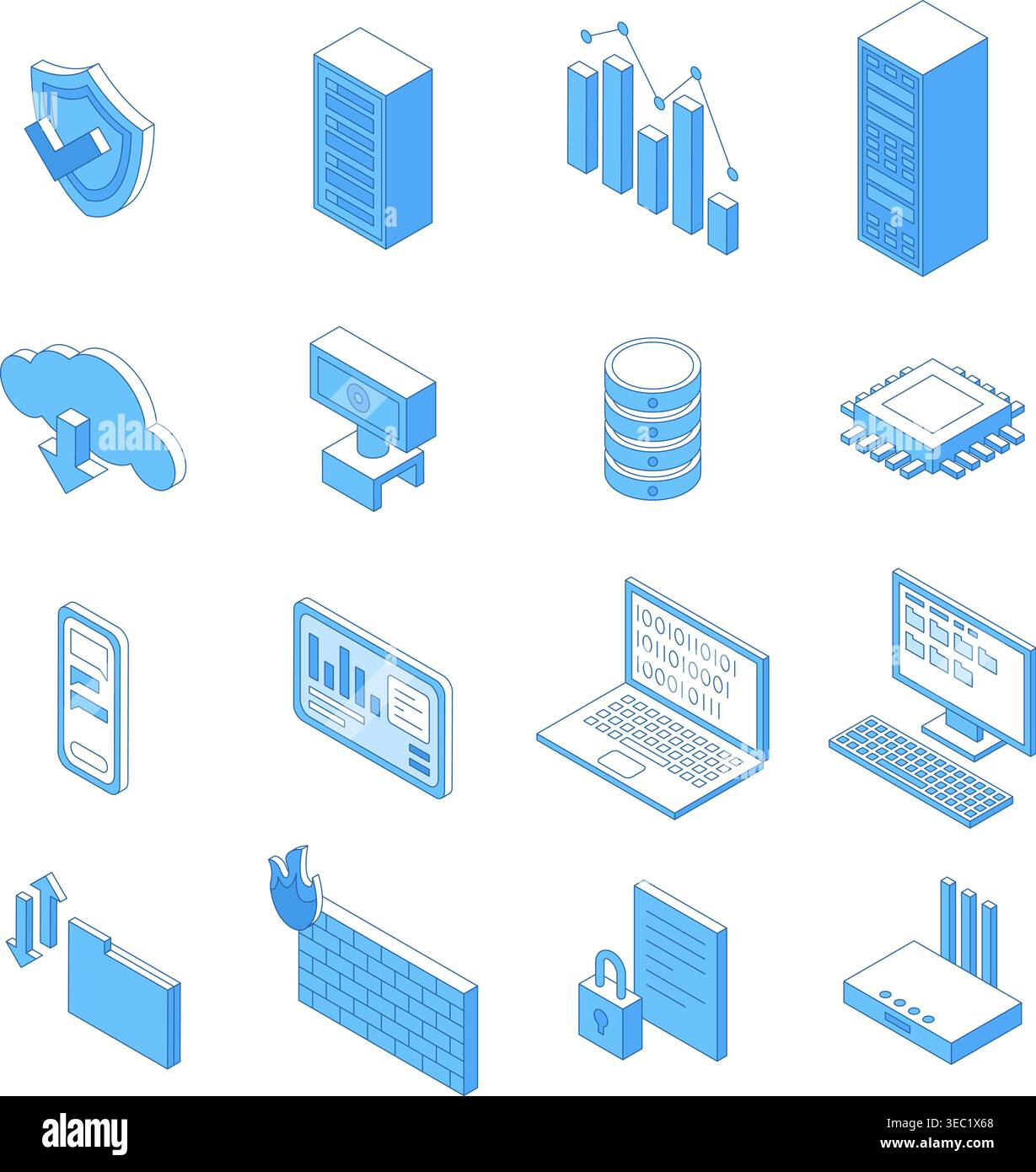 Isometric line data center elements. Cloud technologies, it science 3d icons. Modern computing systems, servers, smartphone and computers, nifty Stock Vector