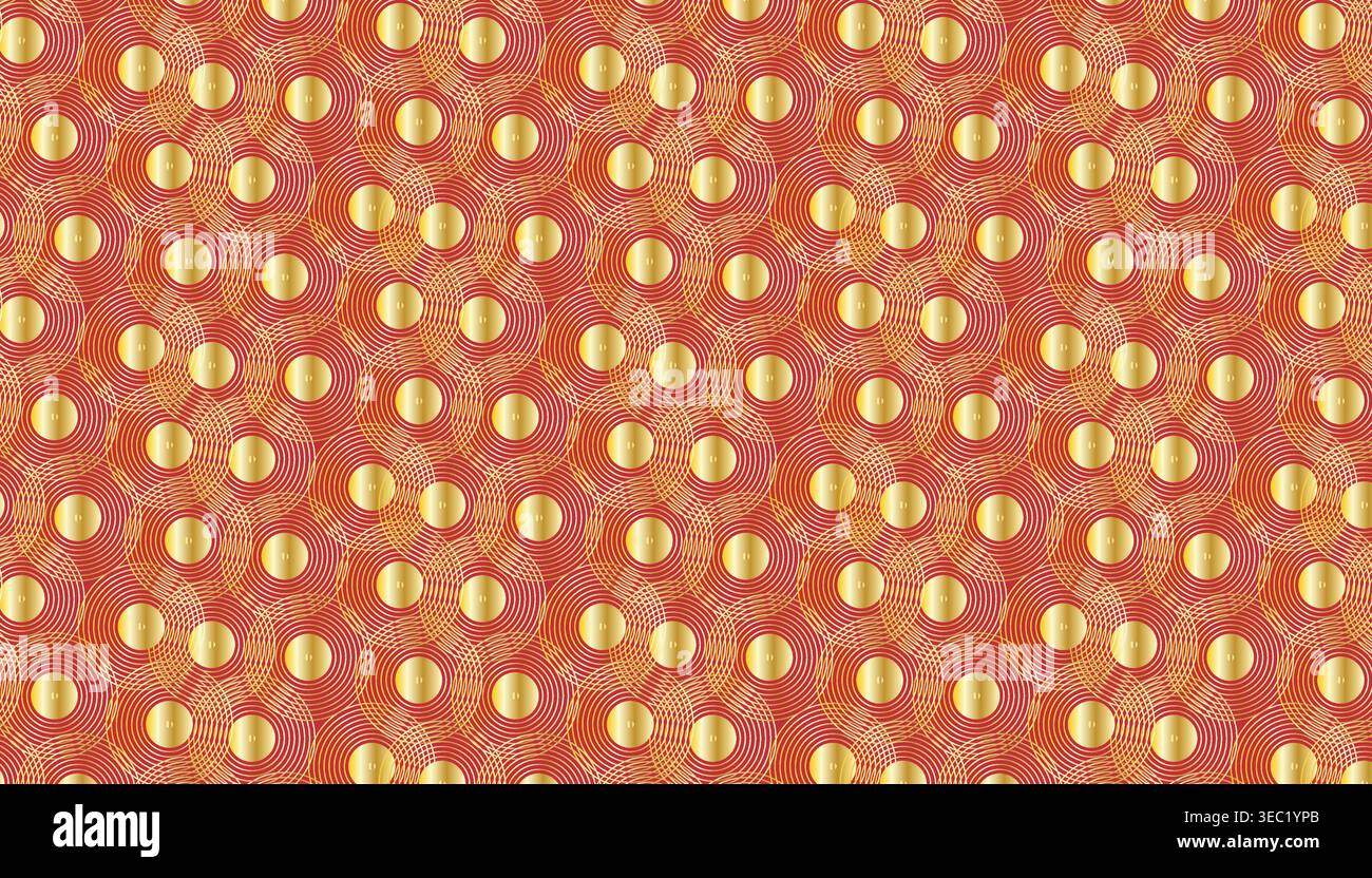 Bright red and yellow repeating pattern with circular elements, ideal for decorative backgrounds. Stock Vector