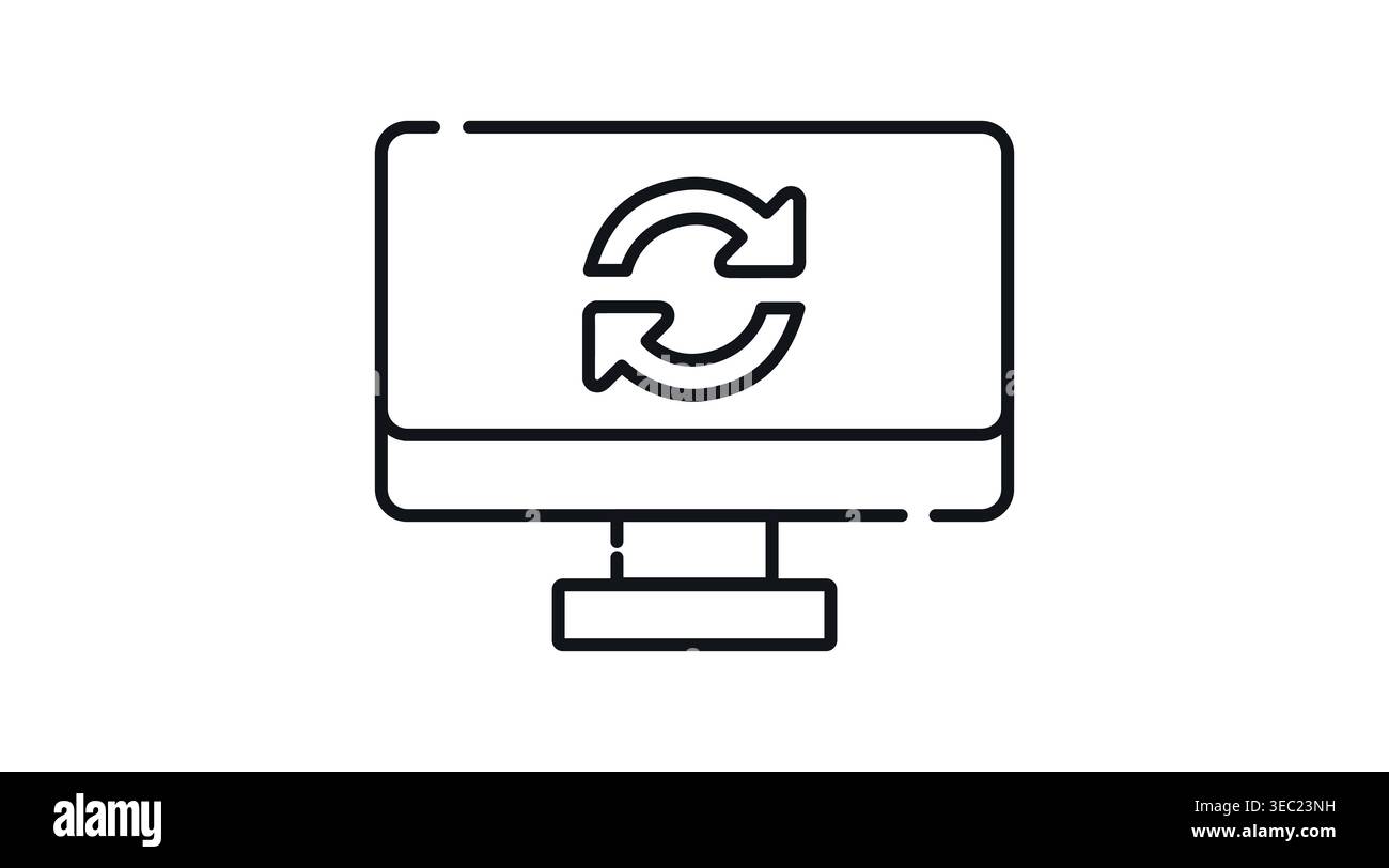 Computer refresh and synchronization icon: desktop PC with reload arrows on screen Stock Vector