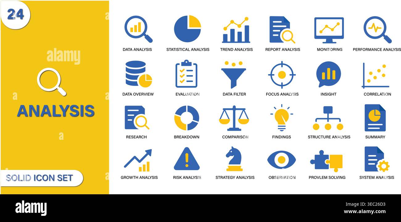 Analysis Icon Set. Data Analytics, Statistics, Research, Business Insights and Performance Solid Vector Icons Collection Stock Vector