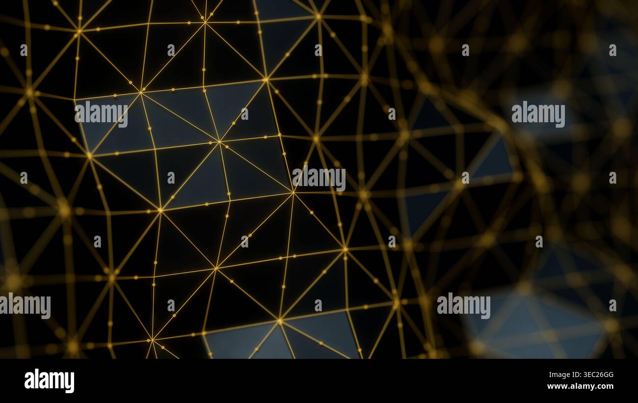 Abstract black triangular mesh with a golden lines and points. Nano ...