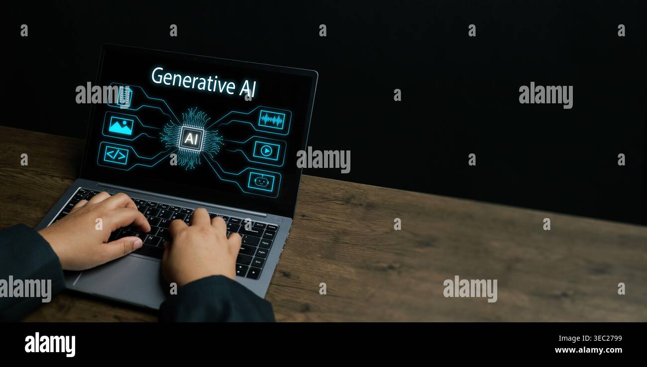 Hands uses laptop with generative AI interface with copy space. Artificial intelligence app, neural network, chip processor, content creation, automat Stock Photo