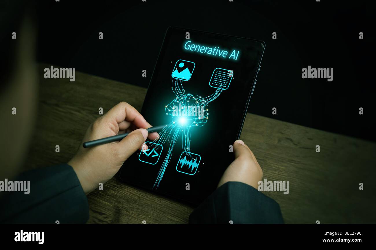Hands using stylus on tablet with generative AI interface on a working desk. Artificial intelligence app, neural network, content creation, automation Stock Photo