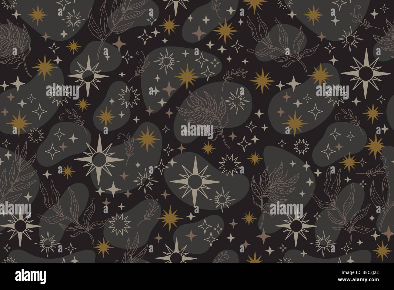 Trendy seamless pattern with linear stars and sparks in a minimalistic style. Boho mystical esoteric. Vector illustration. Dark background for design, Stock Vector