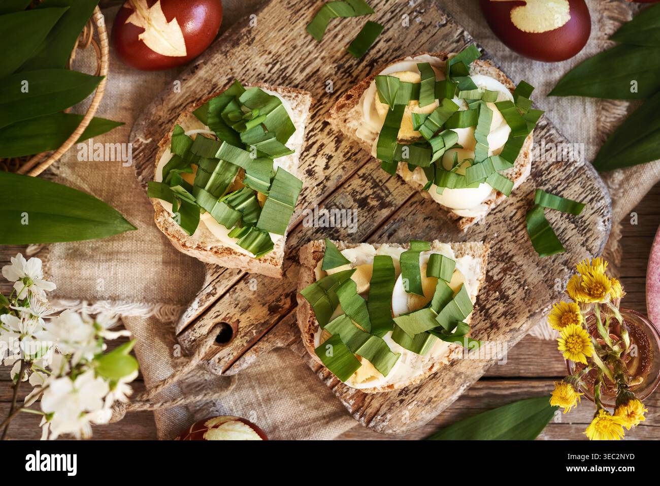 Three slices of bread with leftover Easter eggs and fresh chopped wild garlic leaves collected in spring Stock Photo