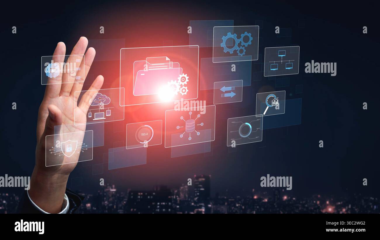 Digital business infrastructure with data system, analytics, sync. System management improves access, system management ensures performance, and Stock Photo