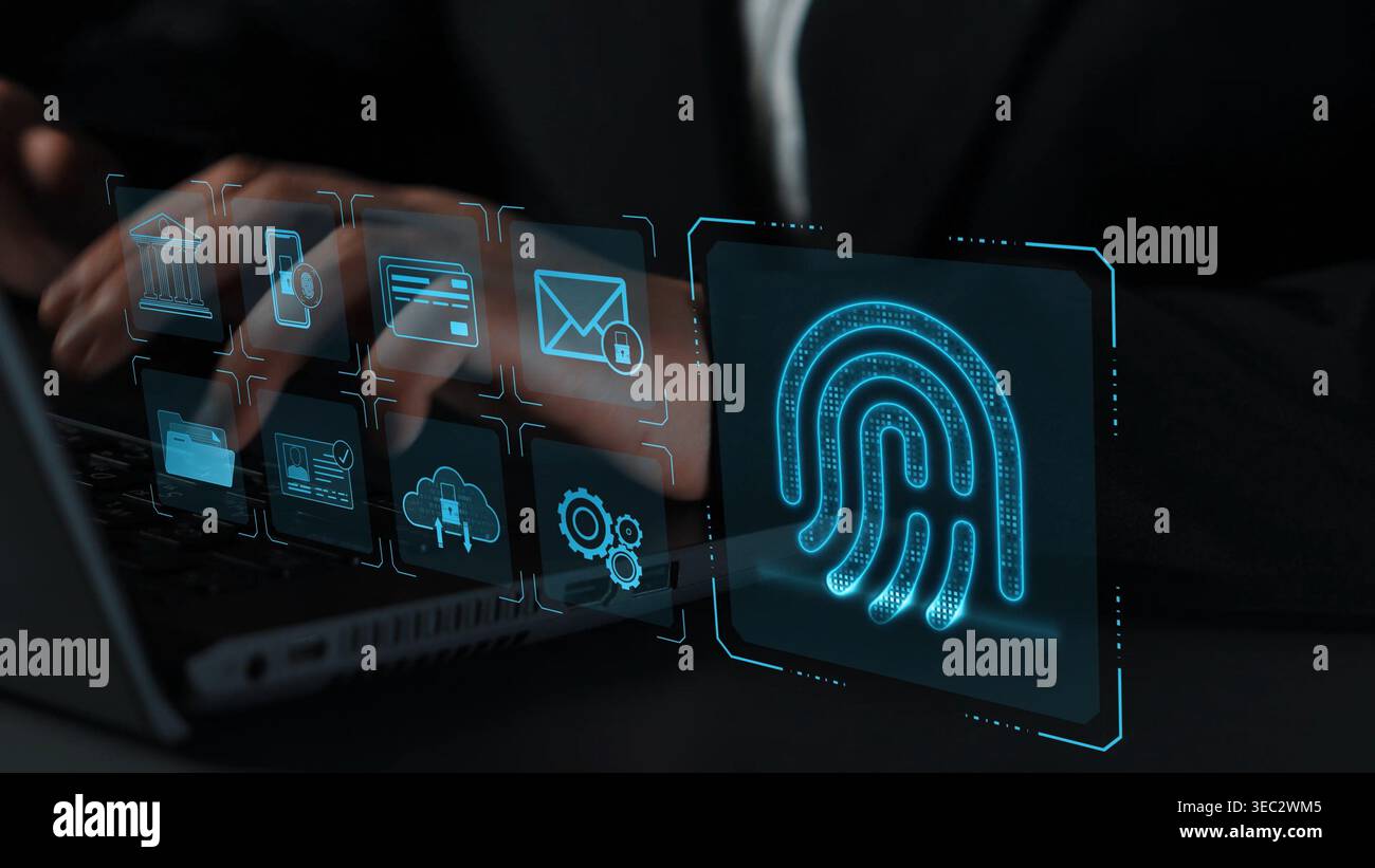 System for safeguarding digital identity using fingerprint authentication, encryption, and secure access protocols across cloud, device, and personal Stock Photo