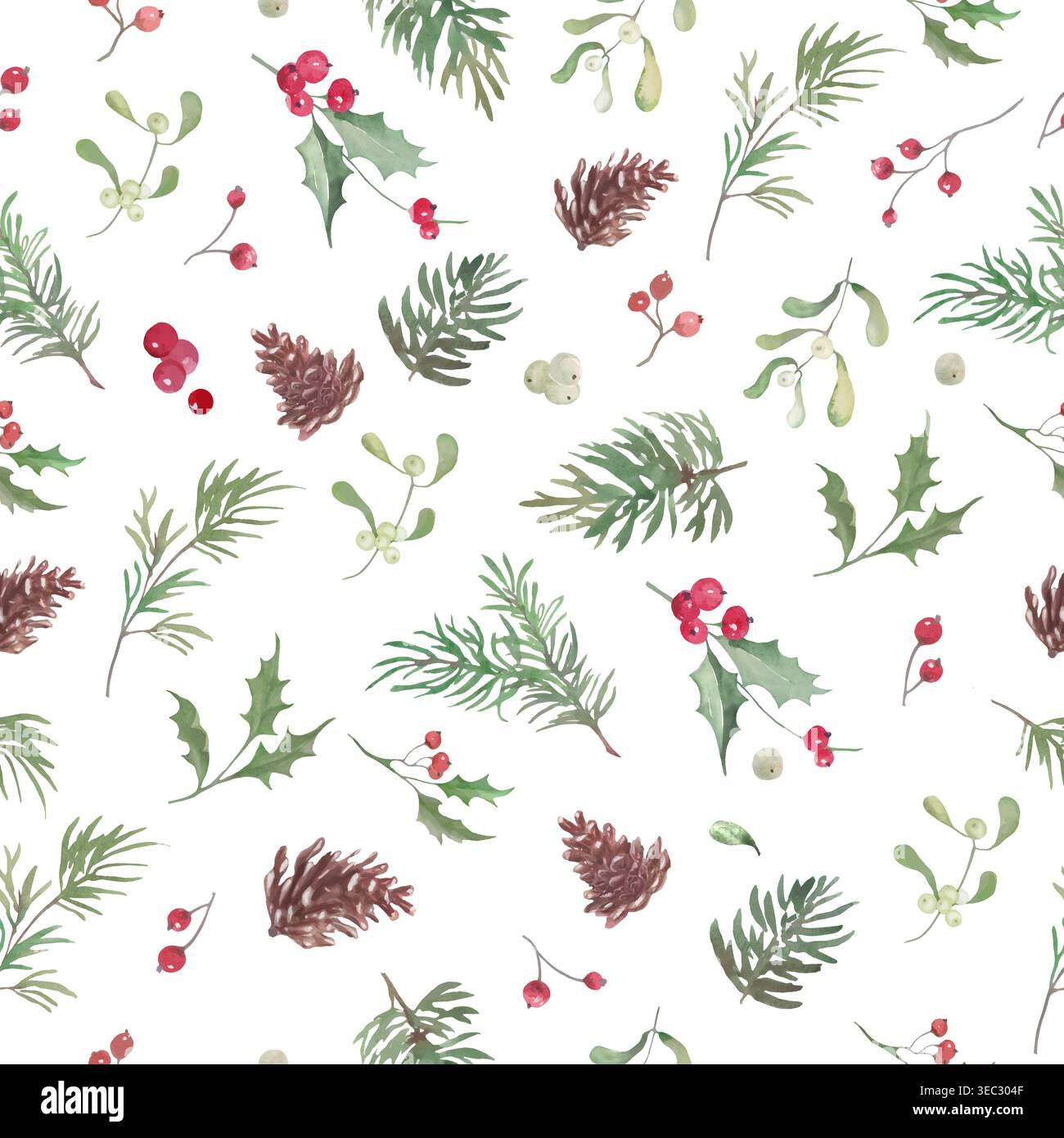Christmas watercolor seamless pattern with holly berries, pine cones, mistletoe. Hand drawn holiday botanical repeat print on white. Vector EPS Stock Vector