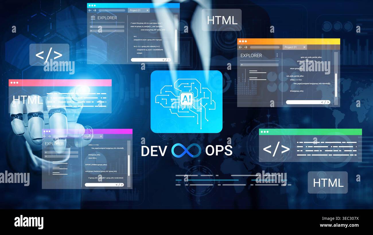 Futuristic Technology Concept with Artificial Intelligence Integration for DevOps in Web Development, Programming, and Coding Environments Gluon. Stock Photo