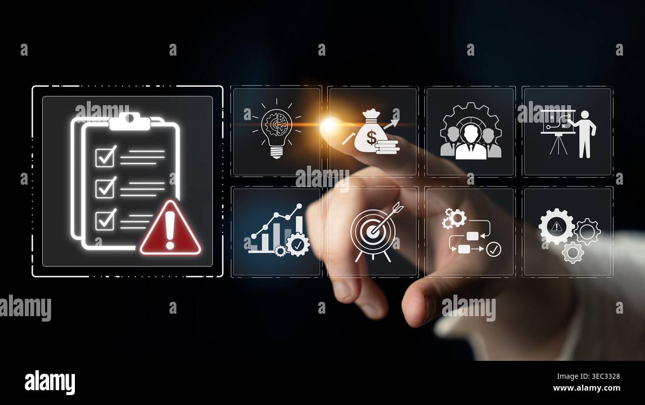 Hand Selecting Business Icons on a Digital Interface for Management and Strategy Planning in Modern Workplace Sigmoid Stock Photo