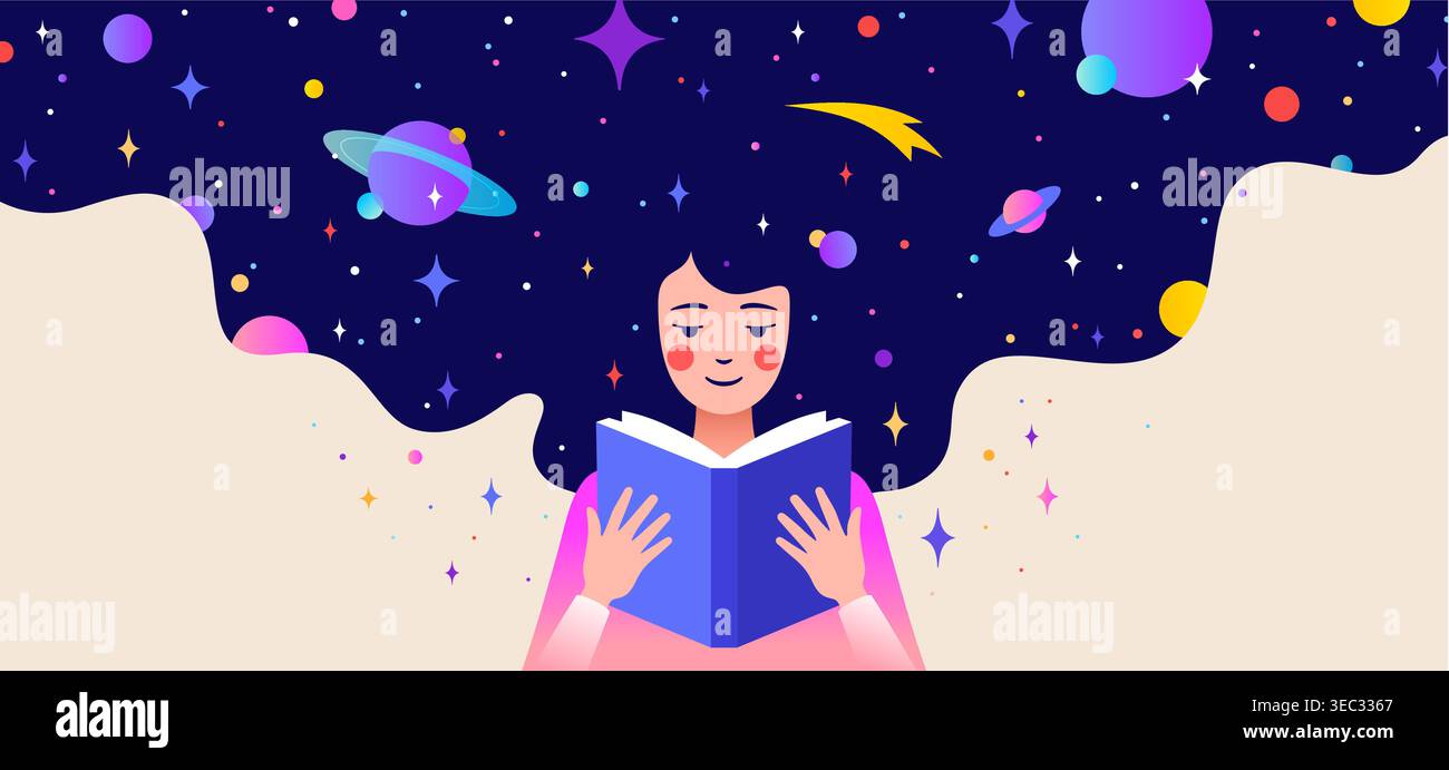 Book, Imagination, Dreams. Girl reading Stock Vector