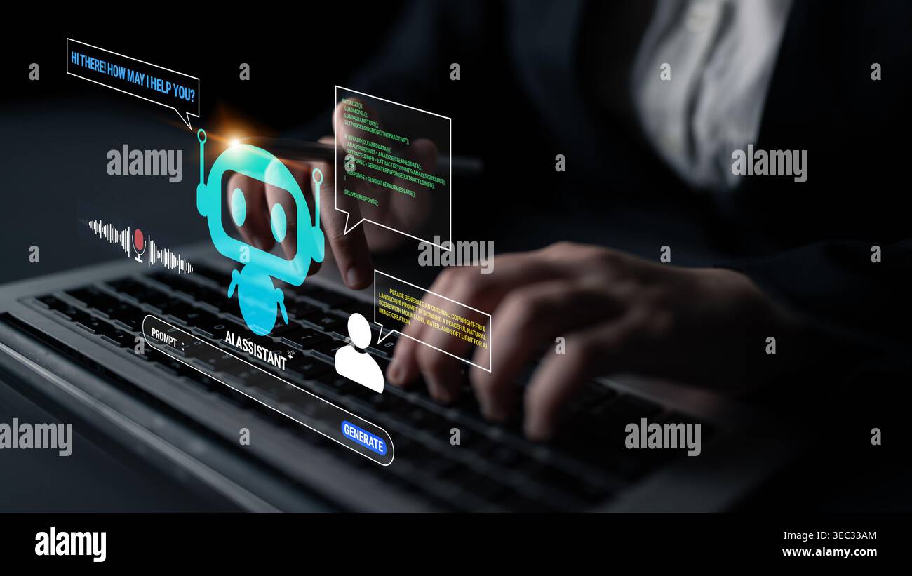 Engaging Virtual Assistant Interacting with User on Laptop in Modern Workspace with Digital Interface and Chat Elements Quark. Stock Photo