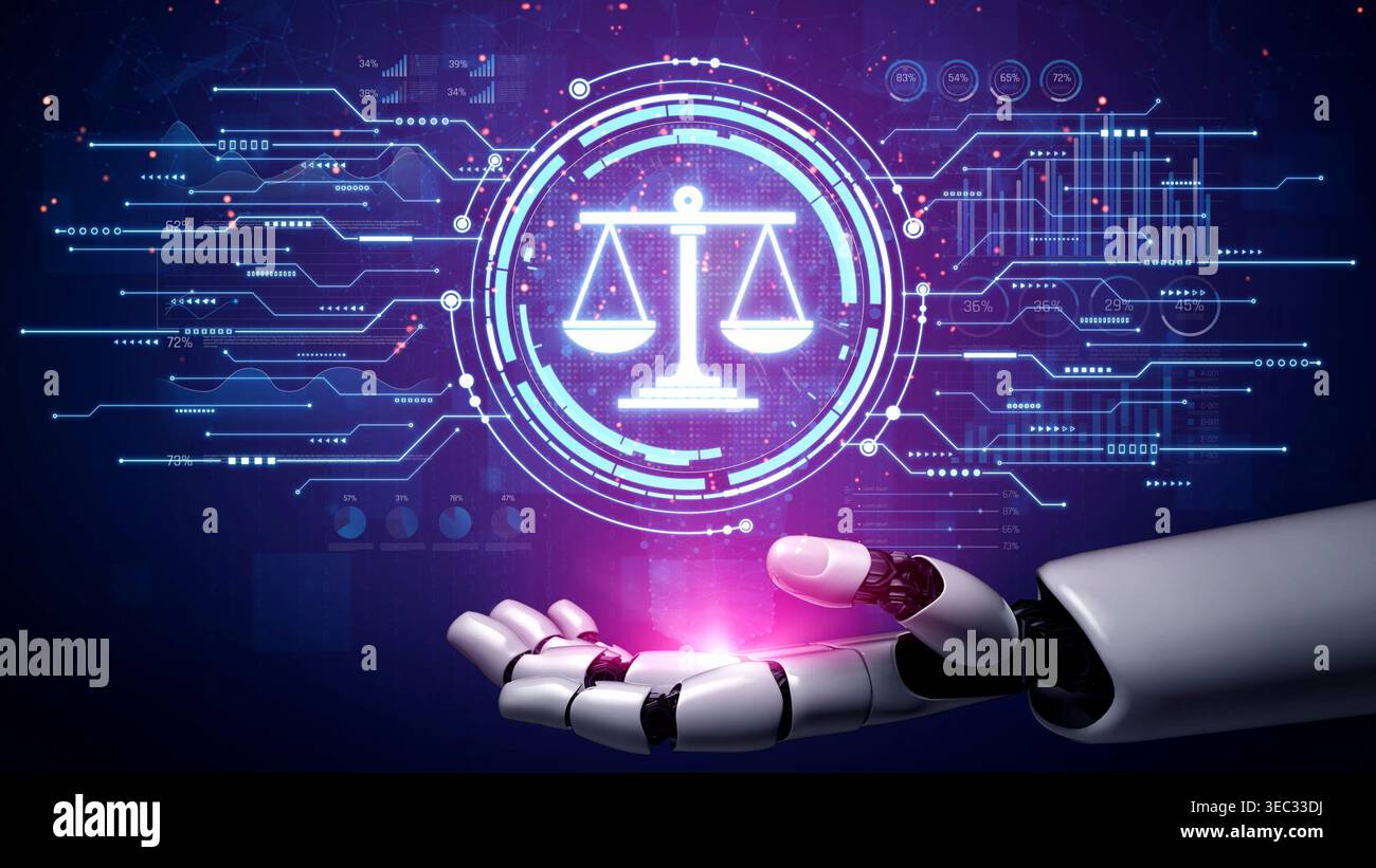 Futuristic Robot Hand Displaying Digital Scales of Justice in High-Tech ...