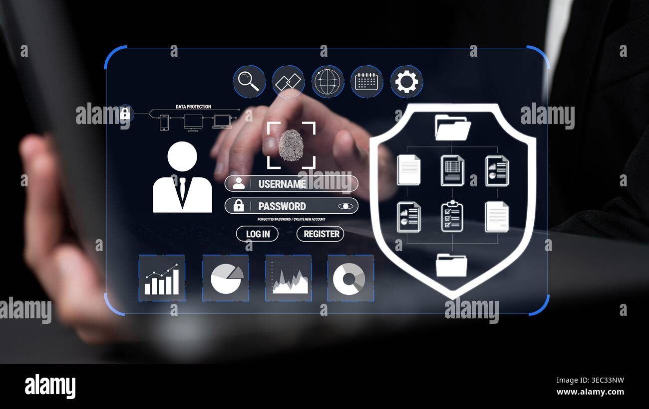 Digital Security Interface Displaying User Authentication and Data Protection Features with Fingerprint Scanner and Shield Icon on a Modern Device Stock Photo
