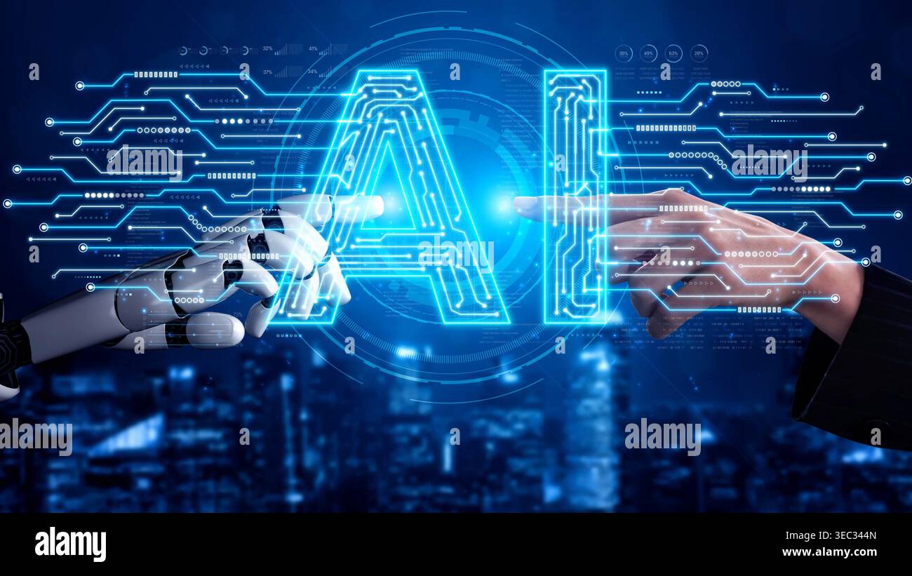 Futuristic Concept of Artificial Intelligence with Human and Robot Hands Touching to Connect and Showcase Innovation in Technology and Digital Stock Photo