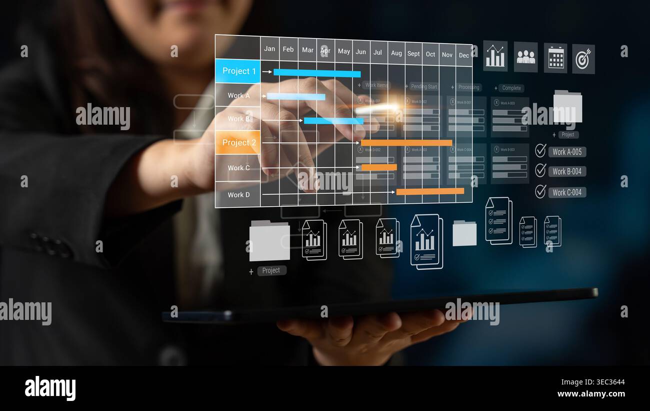 Digital visualization of multiple project timelines with progress tracking, documents, and team collaboration symbols Parse Stock Photo